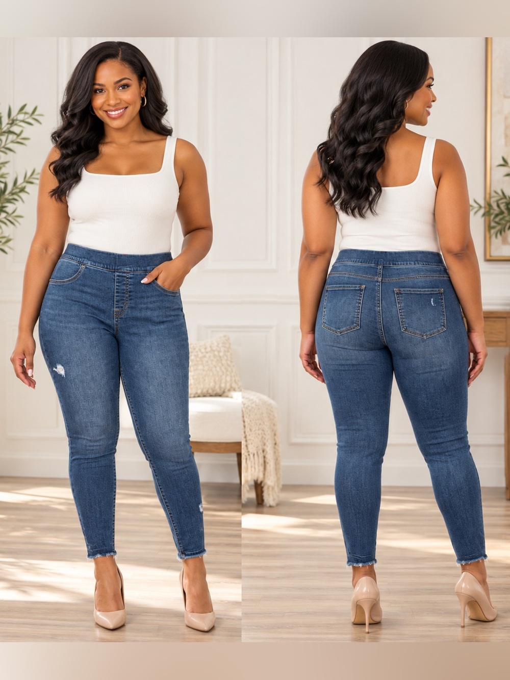 SPANX Distressed Ankle Skinny Jeans M Pull-On Medium Wash Raw Hem